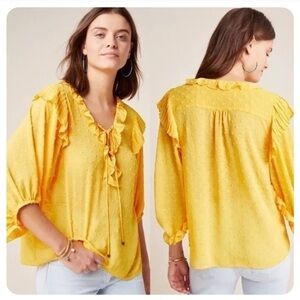 Anthropologie Peasant Top Small Haida Yellow Swiss Dot Ruffle Mango Blouse
